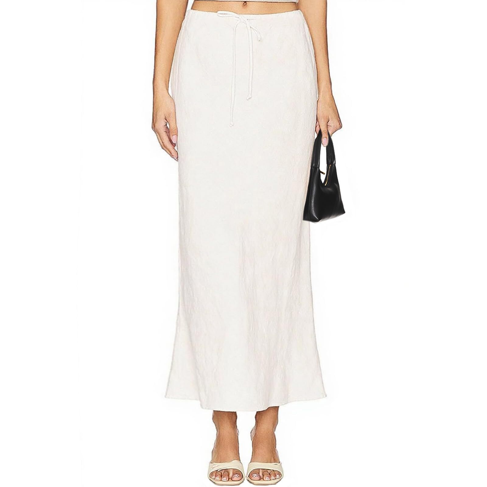 1101 Linen Drawstring Maxi Skirt High Waisted Flowy Flared A-Line Long